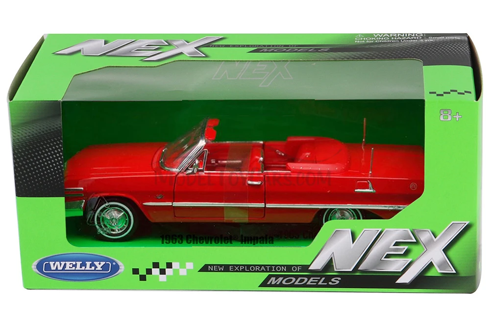 1963 Chevy Impala Convertible, Red - Welly 22434 - 1/24 scale Diecast Model Toy Car