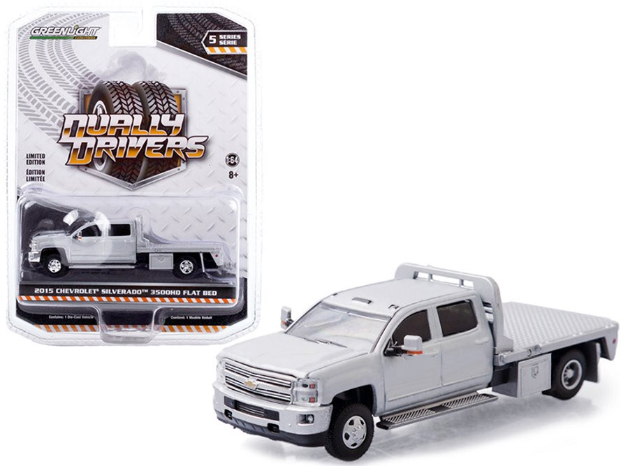 2015 Chevy Silverado 3500 Dually Flat Bed, Silver Ice - Greenlight 46050A/48 - 1/64 scale Diecast Model Toy Car