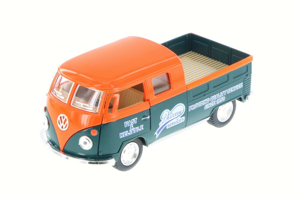 1963 Volkswagen Bus Double Cab Pick-Up, Orange/Green - Kinsmart 5396D - 1/34 Scale Diecast Toy Car (Brand New, but NOT IN BOX)