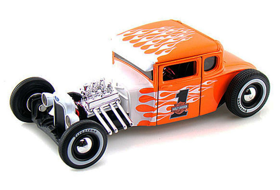 1929 Ford Model A Harley-Davidson #1, Orange w/ Flames - Maisto HD 32175 - 1/24 Scale Diecast Model Toy Car