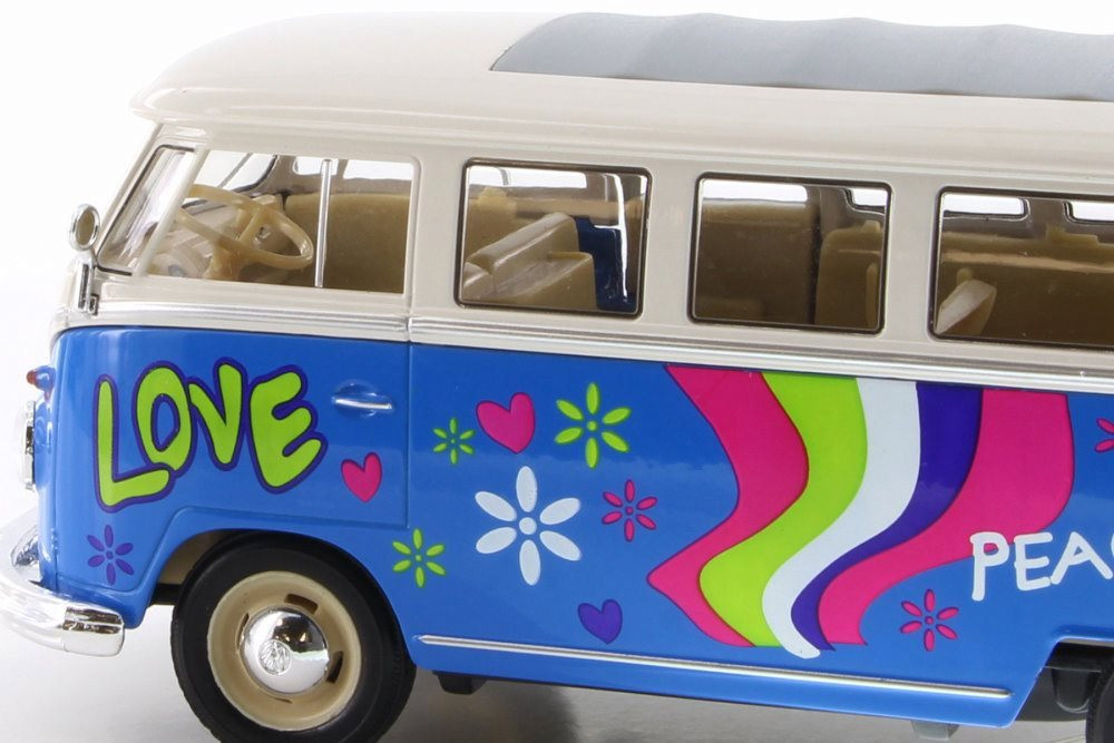 1963 Volkswagen Classical T1 Bus w/ Love/Peace Decals, Light Blue - Welly 22095A1, 1/24 Diecast Car