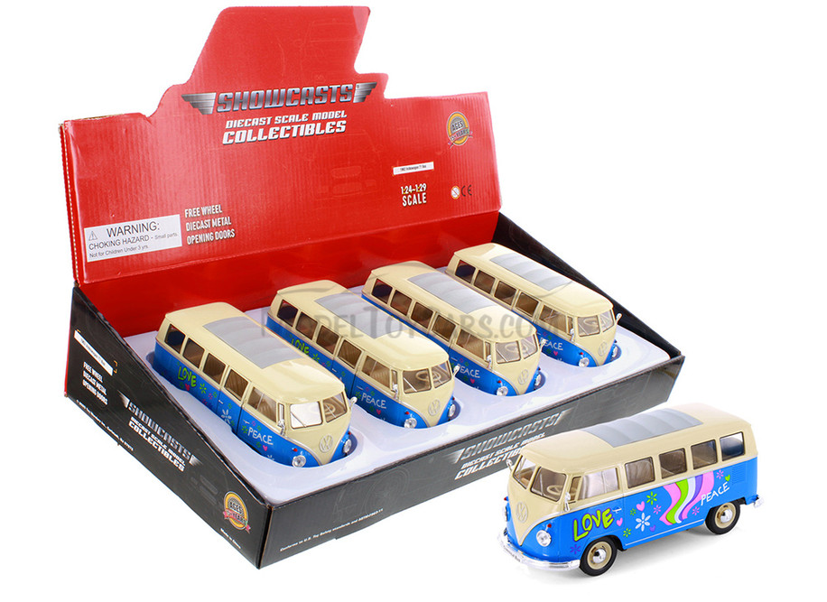 1963 Volkswagen Classical T1 Bus w/ Love/Peace Decals, Light Blue - Showcasts® 22095A1, 1/24 Diecast Car