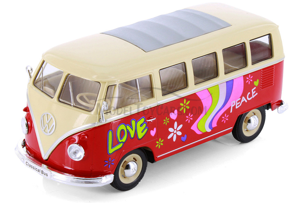1963 Volkswagen Classical T1 Bus w/ Love/Peace Decals, Red - Showcasts® 22095A1/4D - 1/24 Scale Diecast Model Toy Car