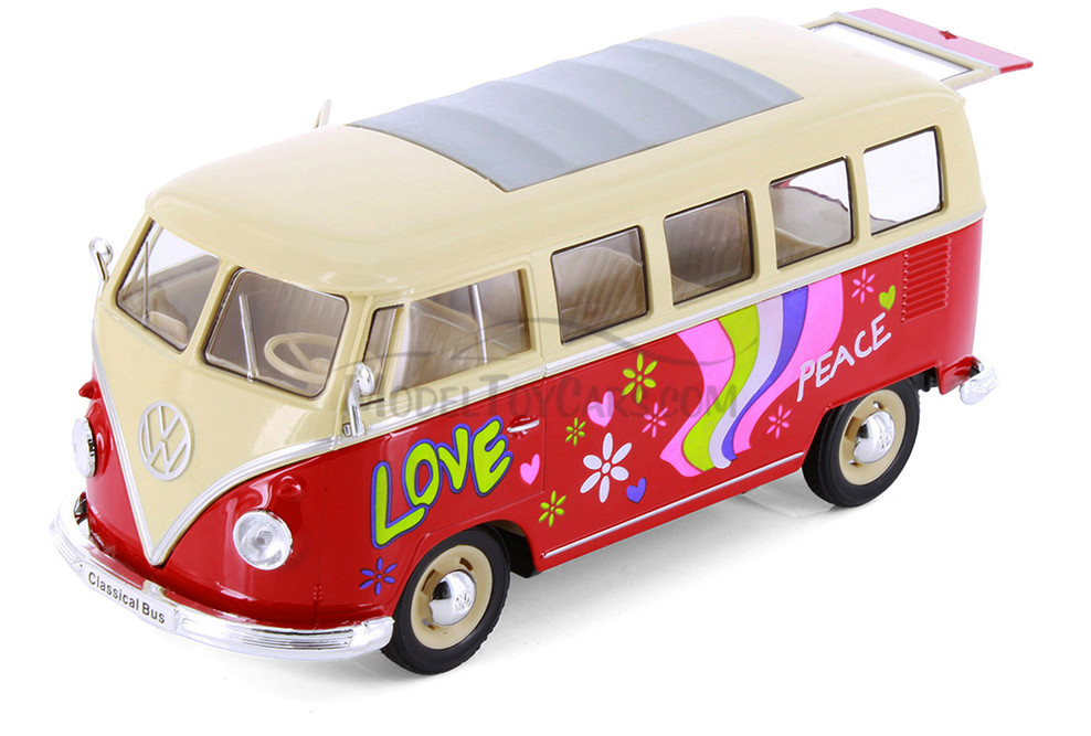 1963 Volkswagen Classical T1 Bus w/ Love/Peace Decals, Red - Showcasts® 22095A1/4D - 1/24 Scale Diecast Model Toy Car