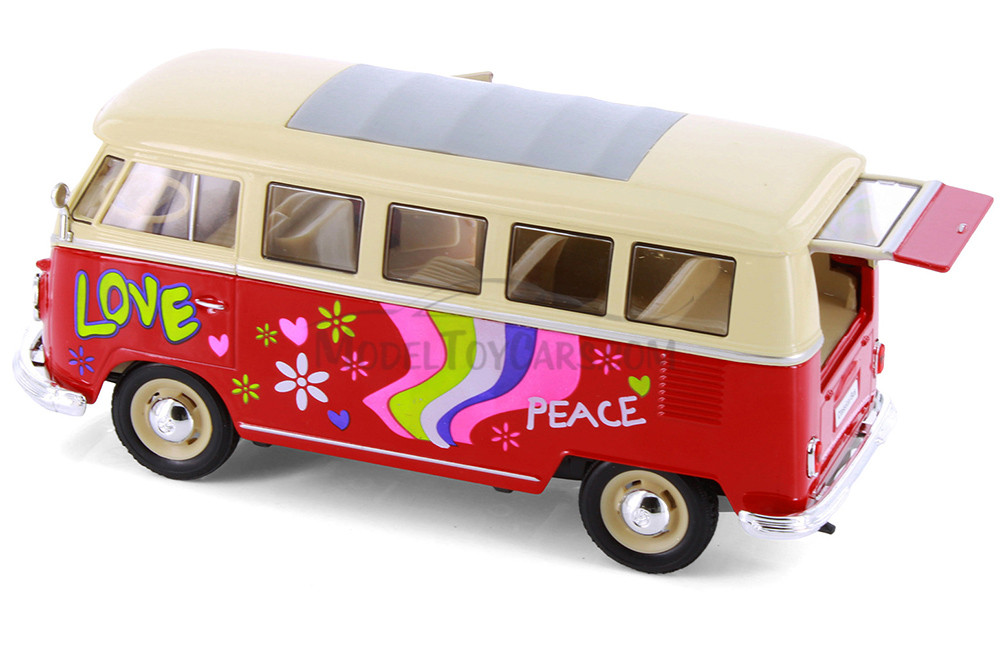 1963 Volkswagen Classical T1 Bus w/ Love/Peace Decals, Red - Showcasts® 22095A1/4D - 1/24 Scale Diecast Model Toy Car