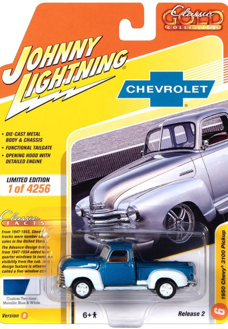 1950 Chevy 3100 Pickup Truck, Custom Metallic Blue /White - Johnny Lightning JLSP106/24B - 1/64 scale Diecast Model Toy Car