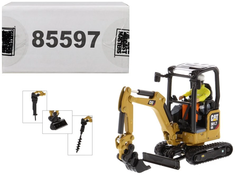 Caterpillar 301.7 CR Next Generation Mini Hydraulic Excavator with Work Tools and Operator, Yellow - Diecast Masters 85597 - 1/50 scale Diecast Replica