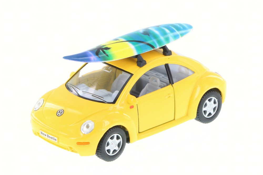 Volkswagen New Beetle w/ surfboard, Yellow - Kinsmart 5028DS - 1