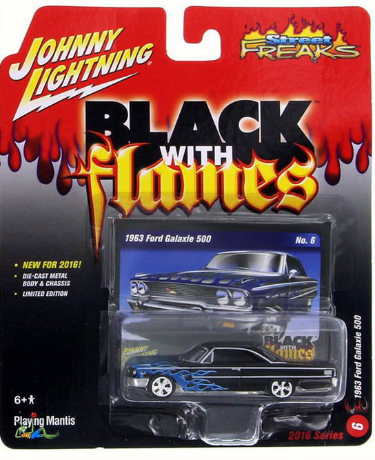 1963 Ford Galaxie 500, Black w/ Blue Flames - Round 2 JLSF001/48B-5 - 1/64 Scale Diecast Car