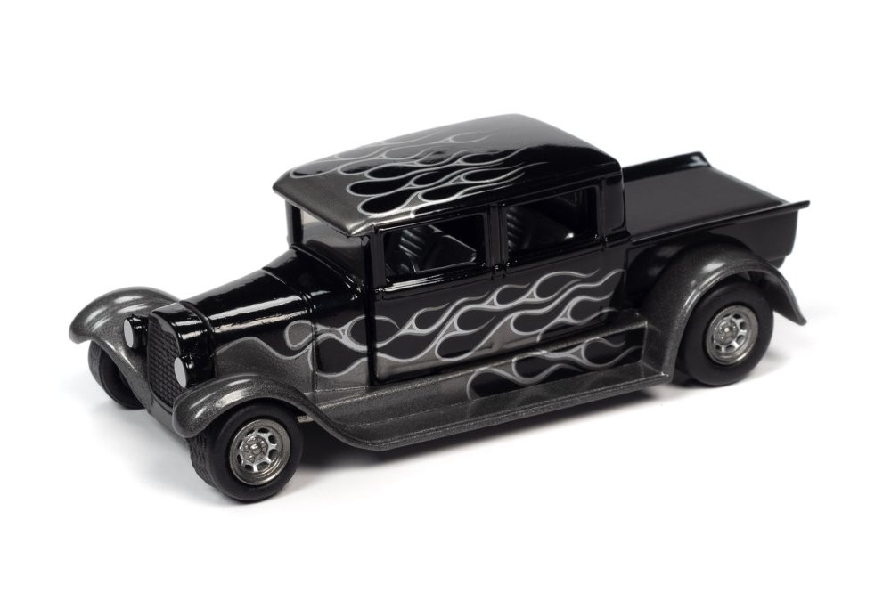 1929 Ford Crew Cab Truck, Black w/Silver Flames - Johnny Lightning JLSF017 - 1/64 scale Diecast Car