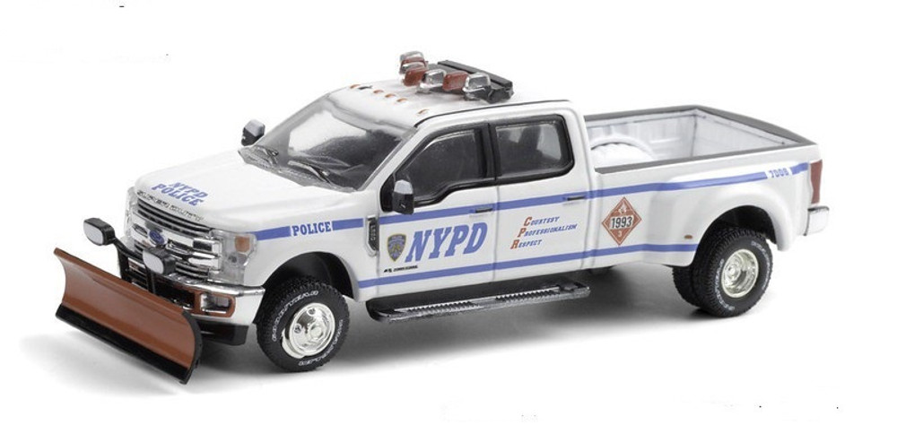 New York City Police Department 2019 Ford F-350 Dually with Snow Plow, White - Greenlight 30216/48 - 1/64 scale Diecast Model Toy Car