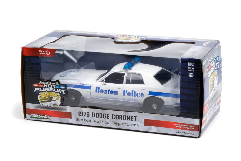 Boston Police Department 1976 Dodge Coronet, White and Blue - Greenlight 85521/12 - 1/24 scale Diecast Model Toy Car