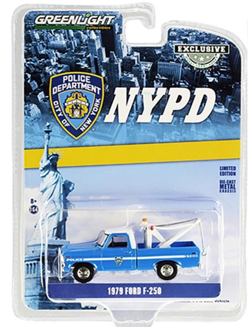 New York City Police Department 1979 Ford F-250 Tow Truck with Drop-In Tow  Hook, Blue and White - Greenlight 30224/48 - 1/64 scale Diecast Model Toy  