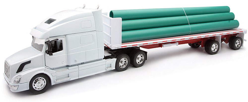 Volvo VN-780 with Flatbed Trailer Hauling Long Pipes, White - New Ray 14223B - 1/32 scale Model Replica