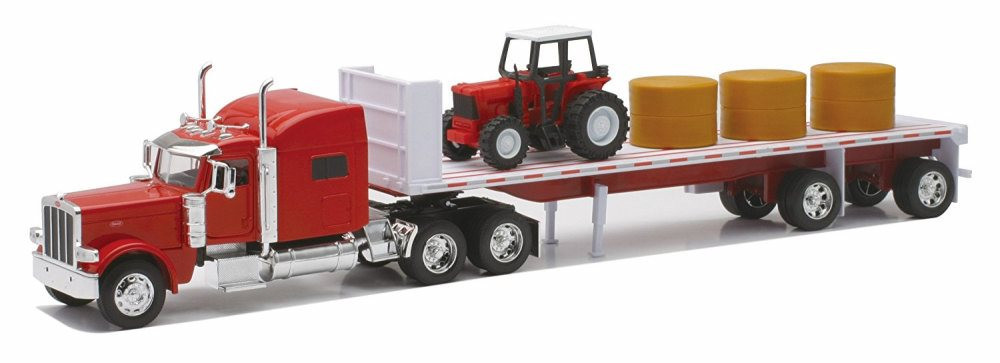 Peterbilt T389 Flatbed w/ Farm Tractor & Hay Bales, Red - New Ray 10293A - 1/32 Scale Model Tractor Trailer