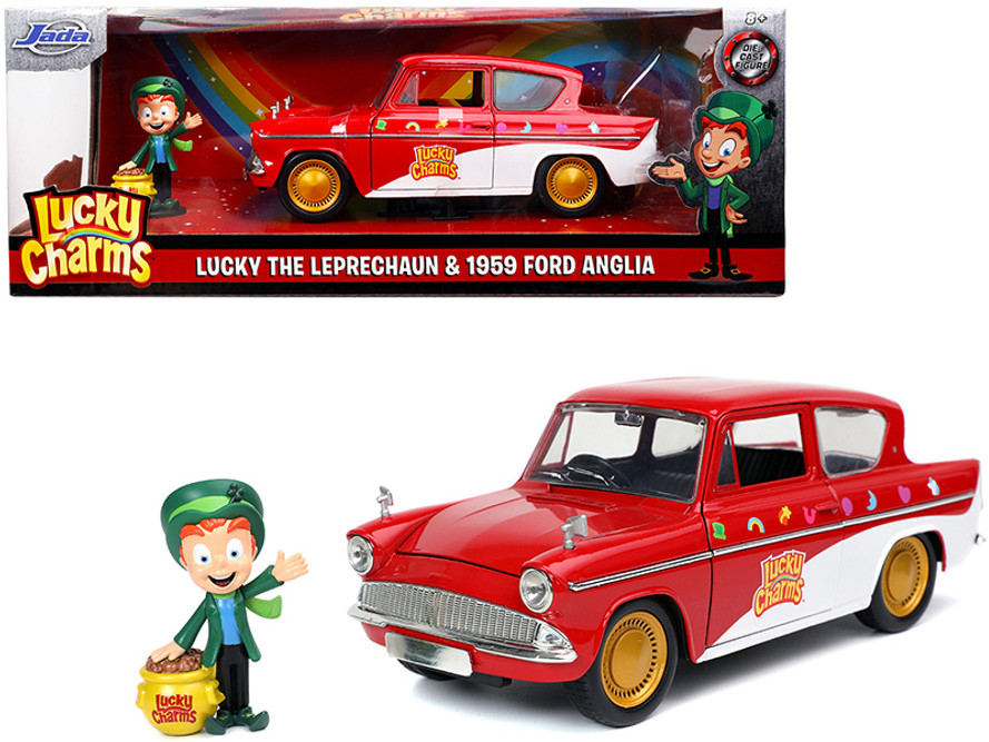 Lucky Charms 1959 Ford Anglia Red and White with Lucky the Leprechaun Diecast Figurine, Red - Jada Toys 32200 - 1/24 scale Diecast Model Toy Car