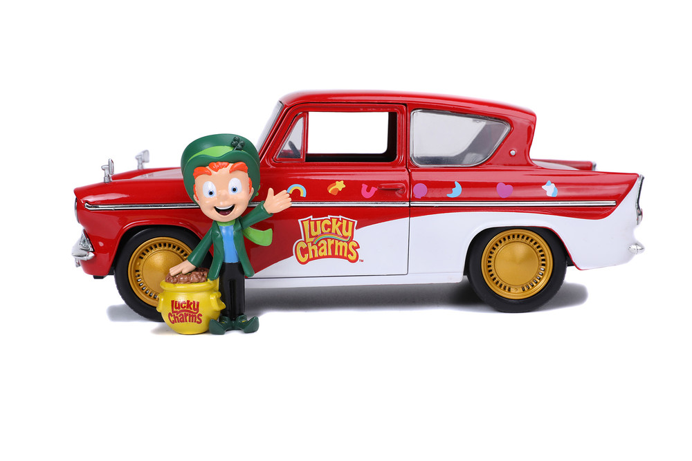 Lucky Charms 1959 Ford Anglia Red and White with Lucky the