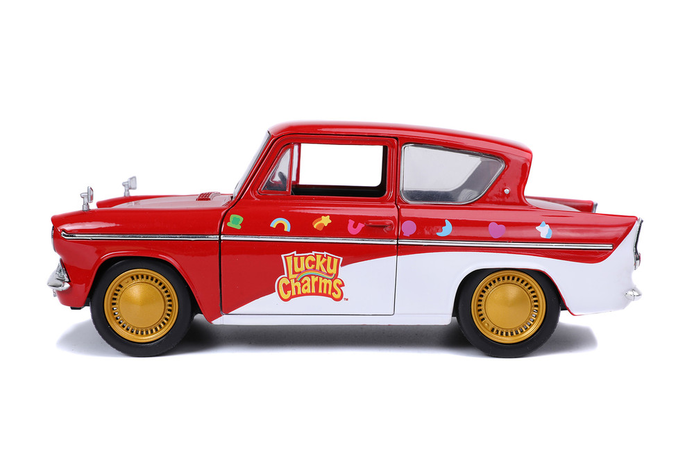 Lucky Charms 1959 Ford Anglia Red and White with Lucky the