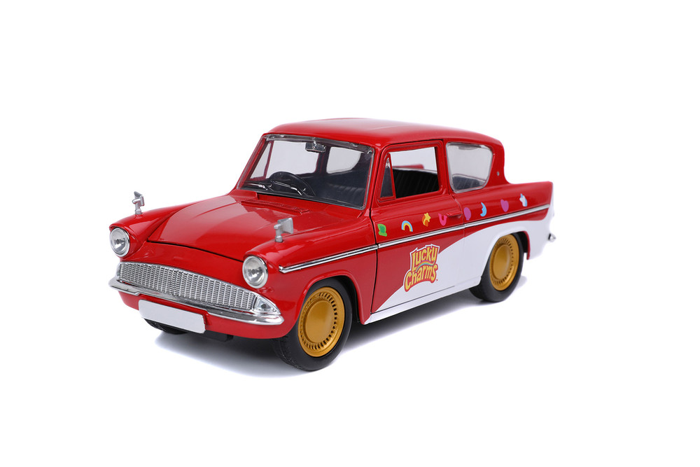 Lucky Charms 1959 Ford Anglia Red and White with Lucky the