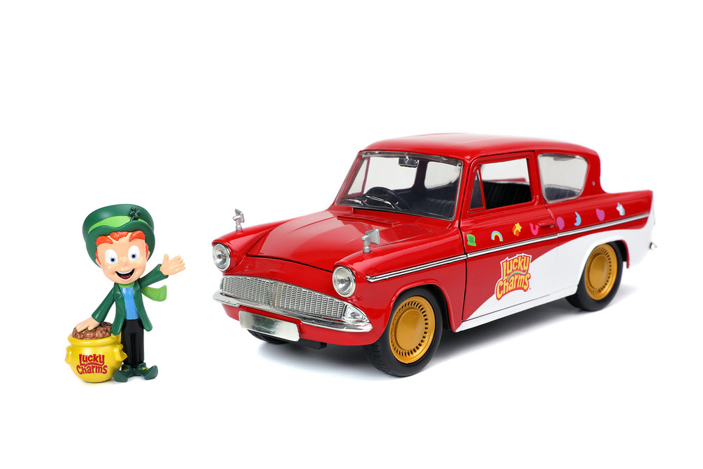 Lucky Charms 1959 Ford Anglia Red and White with Lucky the