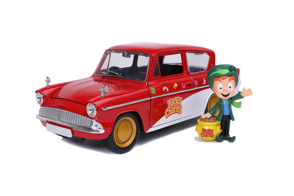 Lucky Charms 1959 Ford Anglia Red and White with Lucky the