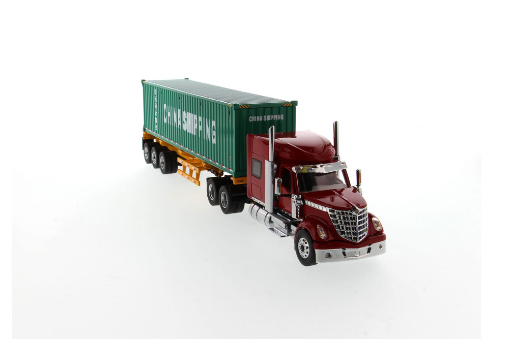 International LoneStar Sleeper SFFA Tandem Cab Truck Tractor with Skeleton Trailer and China Shipping Dry Goods Sea Container, Red and Green - Diecast Masters 71045 - 1/50 scale Diecast Model Toy Car