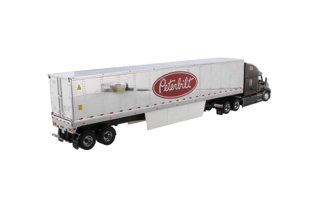 Peterbilt 579 UltraLoft Day Cab SBFA Truck Tractor with Chromed Refrigerated Van with Peterbilt Logo, Legendary Black - Diecast Masters 71071 - 1/50 scale Diecast Model Toy Car