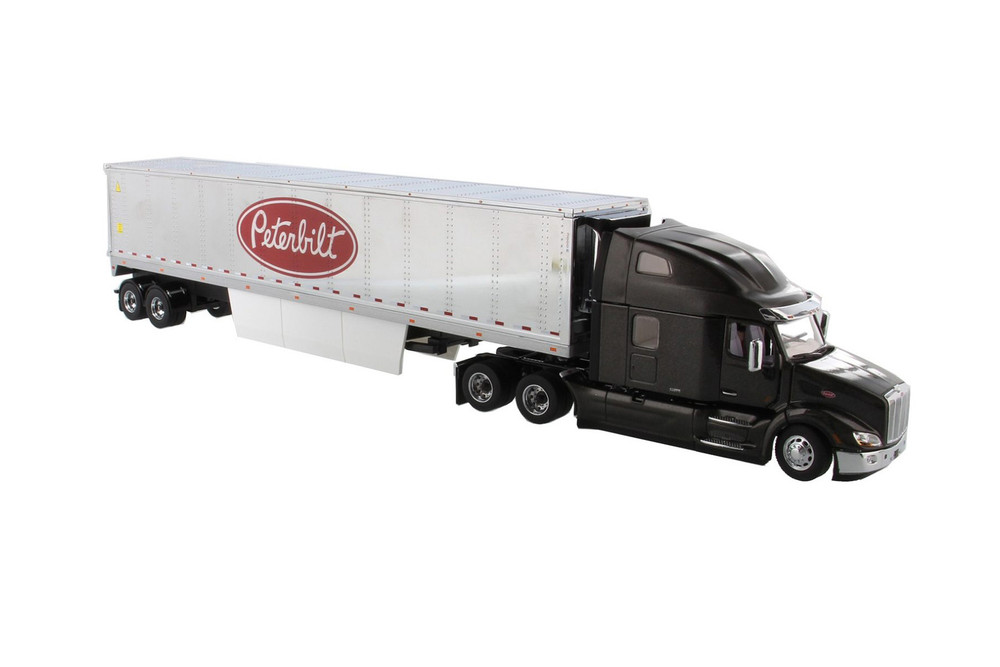 Peterbilt 579 UltraLoft Day Cab SBFA Truck Tractor with Chromed Refrigerated Van with Peterbilt Logo, Legendary Black - Diecast Masters 71071 - 1/50 scale Diecast Model Toy Car