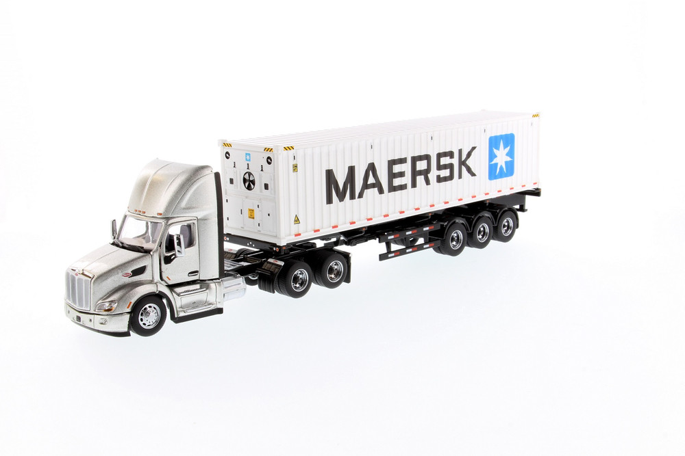 Peterbilt 579 UltraLoft Day Cab SBFA Truck Tractor with Skeleton Trailer and MAERSK Sea Container, Silver and White - Diecast Masters 71069 - 1/50 scale Diecast Model Toy Car