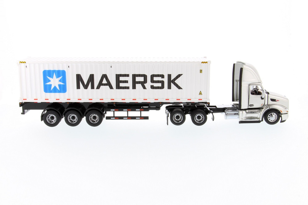 Peterbilt 579 UltraLoft Day Cab SBFA Truck Tractor with Skeleton Trailer and MAERSK Sea Container, Silver and White - Diecast Masters 71069 - 1/50 scale Diecast Model Toy Car