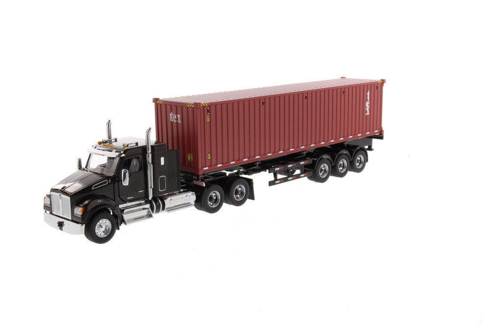 Kenworth T880 SFFA Tandem Cab Truck Tractor with Skeleton Trailer and TEX Shipping Dry Goods Sea Container, Black and Red - Diecast Masters 71060 - 1/50 scale Diecast Model Toy Car