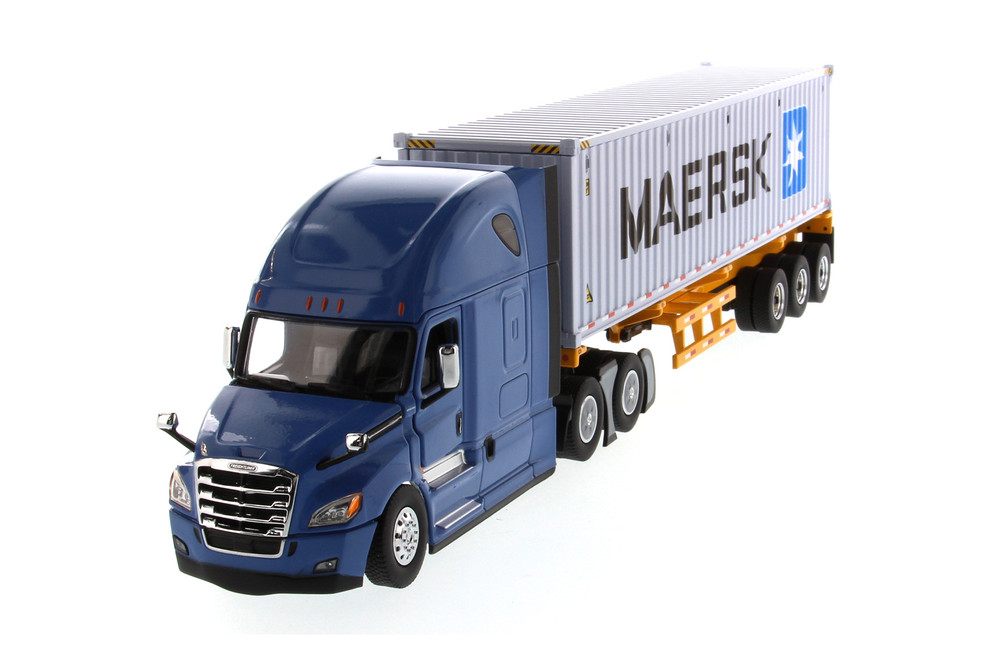 Freightliner New Cascadia SBFA Sleeper Cab Truck Tractor with Skeletal  Trailer and MAERSK Dry good Sea Container, Blue and Yellow - Diecast  Masters