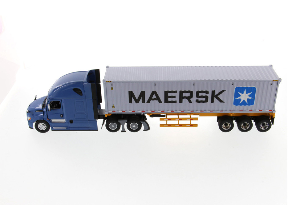 Freightliner New Cascadia SBFA Sleeper Cab Truck Tractor with Skeletal Trailer and MAERSK Dry good Sea Container, Blue and Yellow - Diecast Masters 71048 - 1/50 scale Diecast Model Toy Car