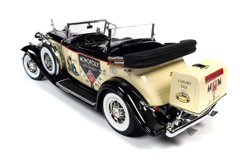 1932 Cadillac V16 Sport Phaeton Convertible with Mr. Monopoly Figure, Cream/Ivory and Black - Auto World AWSS127 - 1/18 scale Diecast Model Toy Car