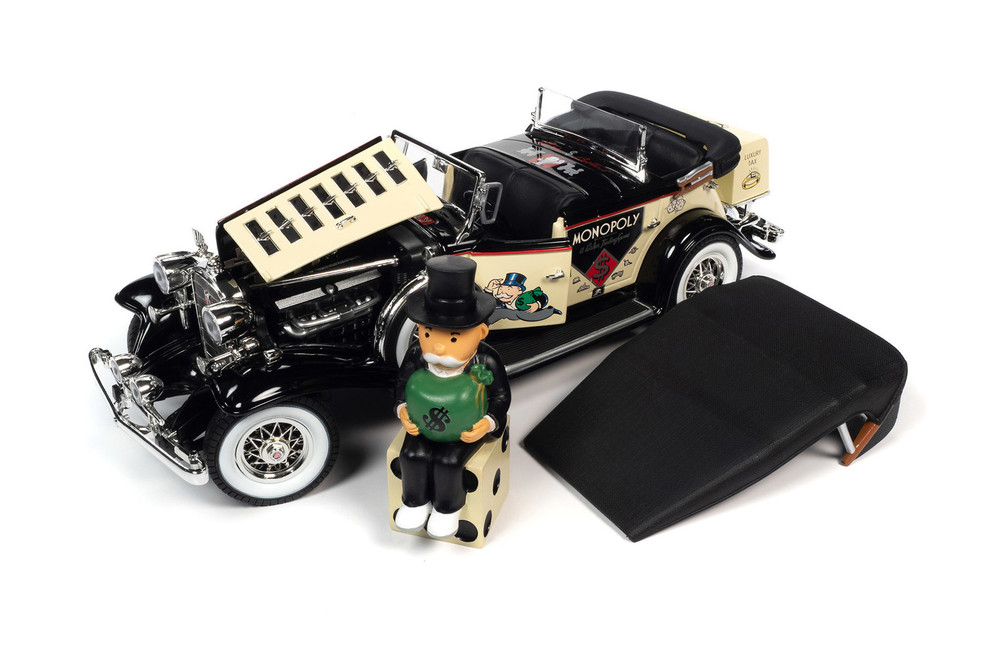 1932 Cadillac V16 Sport Phaeton Convertible with Mr. Monopoly Figure, Cream/Ivory and Black - Auto World AWSS127 - 1/18 scale Diecast Model Toy Car