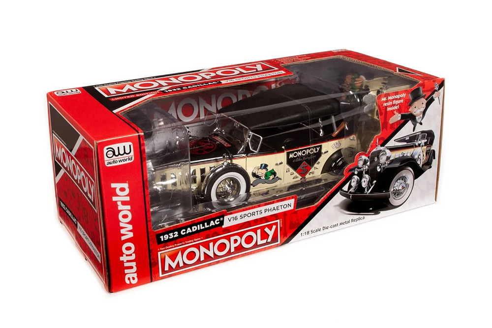 1932 Cadillac V16 Sport Phaeton Convertible with Mr. Monopoly Figure, Cream/Ivory and Black - Auto World AWSS127 - 1/18 scale Diecast Model Toy Car