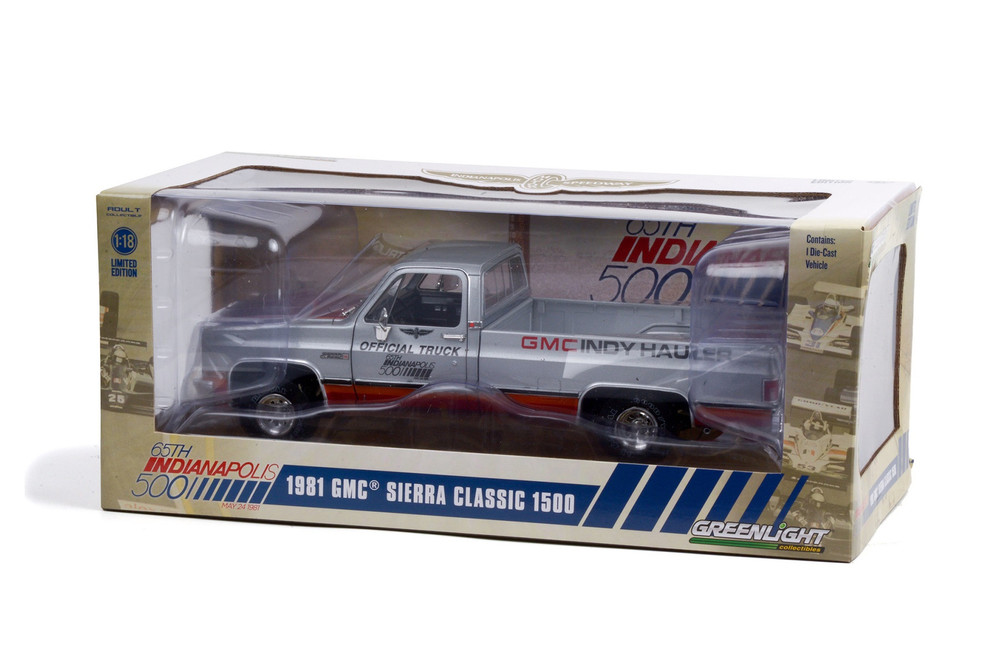 1981 GMC Sierra Classic 1500 65th Annual Indianapolis 500 Mile Race Official Truck, Silver - Greenlight 13563 - 1/18 scale Diecast Model Toy Car