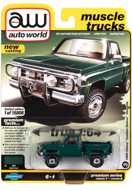 1980 Chevy Custom Deluxe Stepside Pickup Truck, Bright Green - Auto World AWSP057/24B - 1/64 scale Diecast Model Toy Car