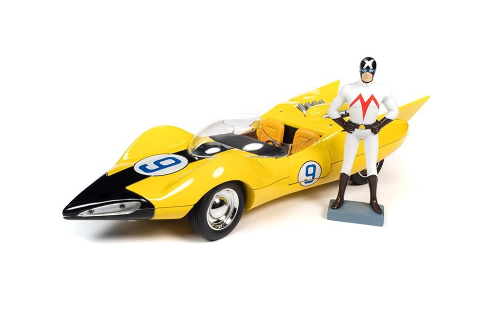 Speed Racer Shooting Star #9 with Speed X Figure, Yellow - Auto World AWSS125 - 1/18 Diecast Car