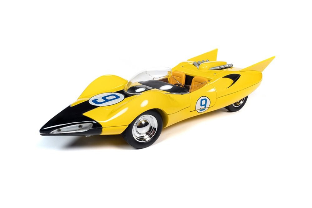 Speed Racer Shooting Star #9 with Speed X Figure, Yellow - Auto World AWSS125 - 1/18 Diecast Car