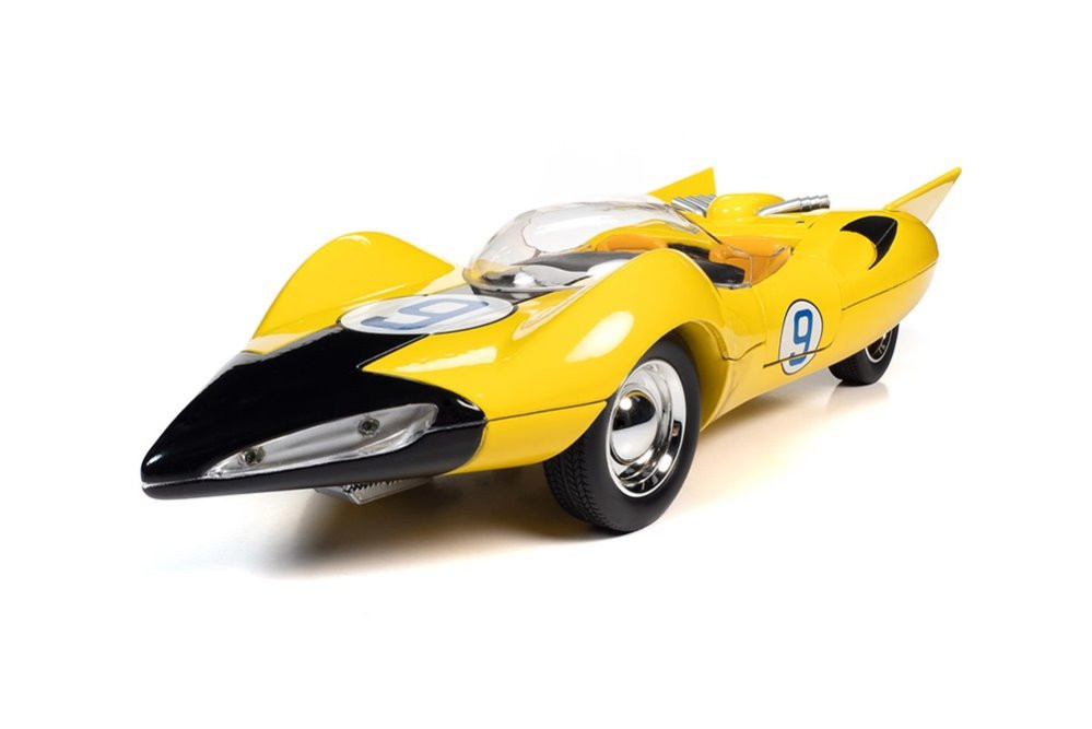 Speed Racer Shooting Star #9 with Speed X Figure, Yellow - Auto World AWSS125 - 1/18 Diecast Car