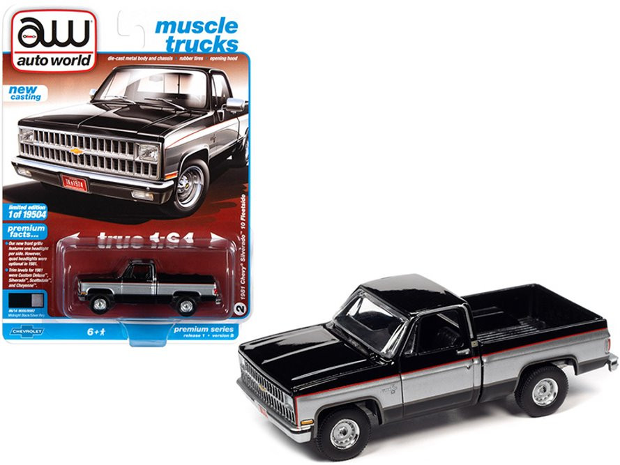 1981 Chevy Silverado Fleetside, Midnight Black and Silver - Auto World AWSP062/24B - 1/64 scale Diecast Model Toy Car