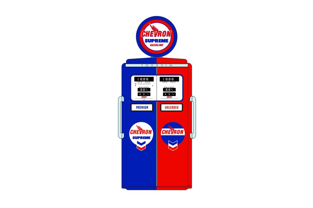 Chevron Supreme 1954 Tokheim 350 Twin Gas Pump, Red and Blue