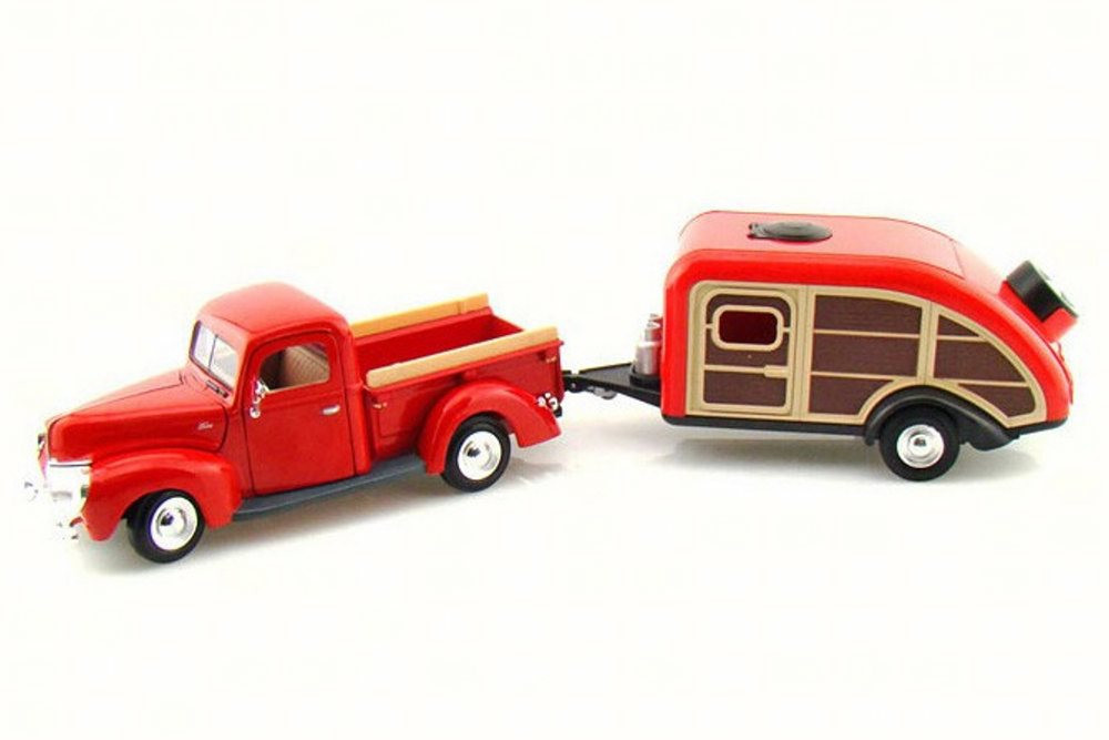 1940 Ford Pick Up Truck w/ Teardrop Trailer, Red - Motor Max 73234/083 - 1/24 Scale Diecast Model Replica