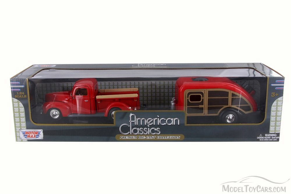 1940 Ford Pick Up Truck w/ Teardrop Trailer, Red - Motor Max 73234/083 - 1/24 Scale Diecast Model Replica