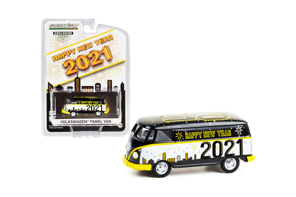 Happy New Year 2021 Volkswagen Type 2 Panel Van, Black & White - Greenlight 30222, 1/64 Diecast Car
