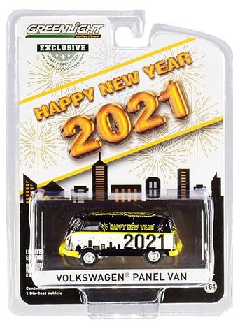 Happy New Year 2021 Volkswagen Type 2 Panel Van, Black & White - Greenlight 30222, 1/64 Diecast Car