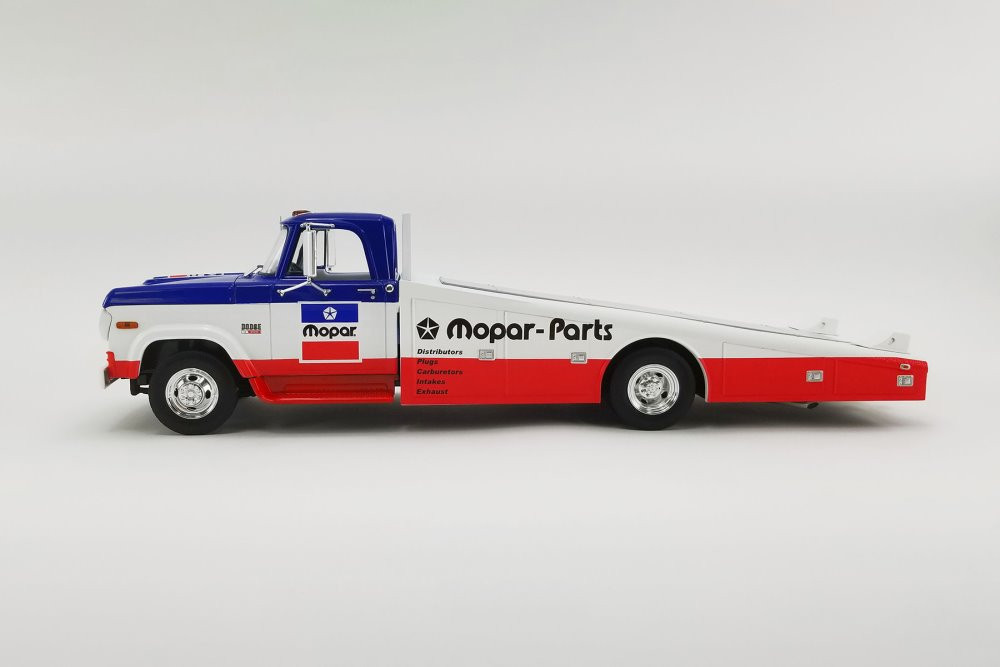 1970 Dodge D300 Ramp Truck "Mopar Parts", Blue with Red and White - Acme A1801903 - 1/18 scale Diecast Model Toy Car