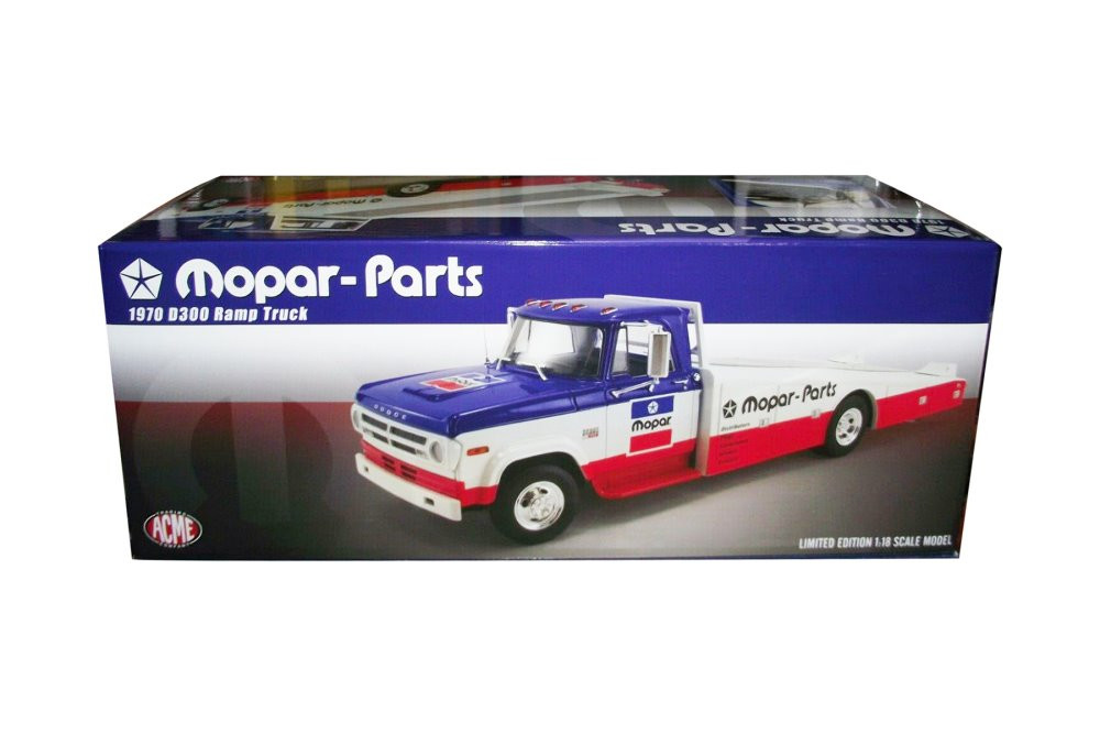 1970 Dodge D300 Ramp Truck "Mopar Parts", Blue with Red and White - Acme A1801903 - 1/18 scale Diecast Model Toy Car