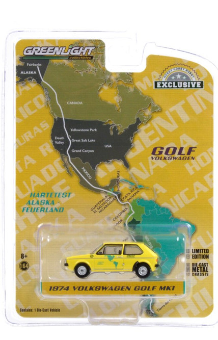 1974 Volkswagen Golf Mk1 - Hartetest Alaska-Feuerland Alaska, USA to Tierra Del Fuego, Argentina Car #1, Yellow - Greenlight 30238/48 - 1/64 scale Diecast Model Toy Car